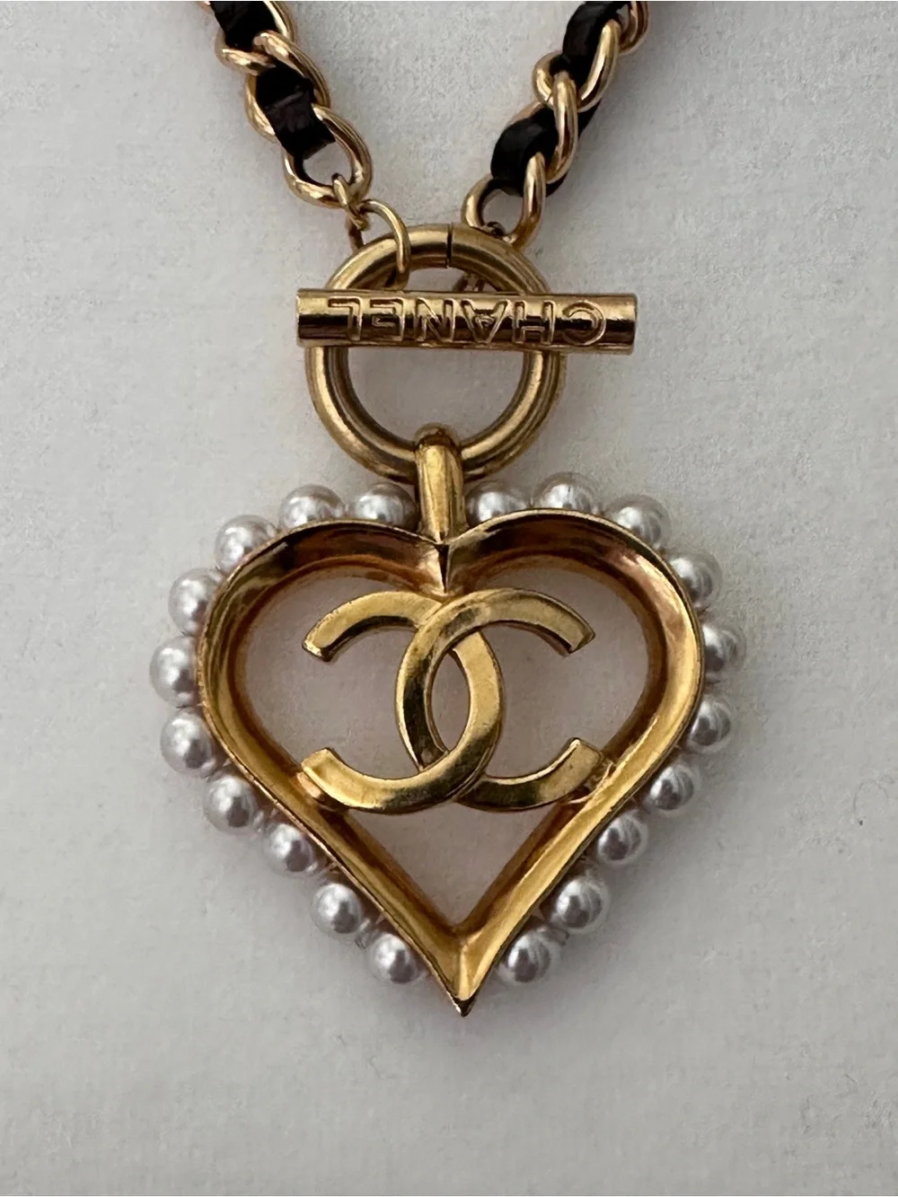 CHANEL Gold and Black Heart CC Pendant Necklace with Pearls